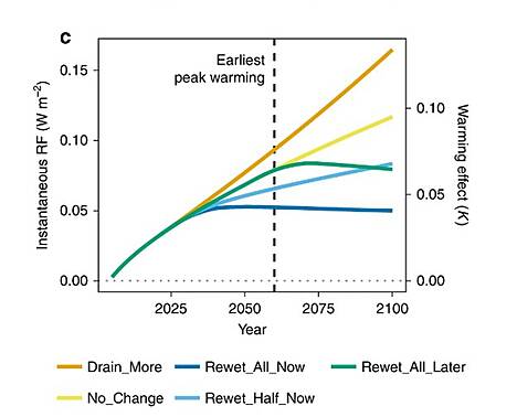 Mittlere globale Temperaturänderung im Vergleich zu den Strahlungsantrieben und den geschätzten momentanen Erwärmungseffekten der globalen Moorbewirschaftungsszenarien