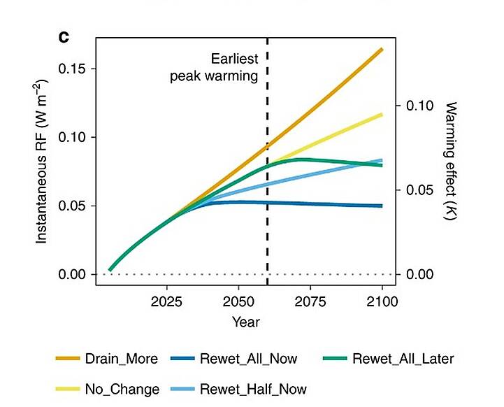 Mittlere globale Temperaturänderung im Vergleich zu den Strahlungsantrieben und den geschätzten momentanen Erwärmungseffekten der globalen Moorbewirschaftungsszenarien
